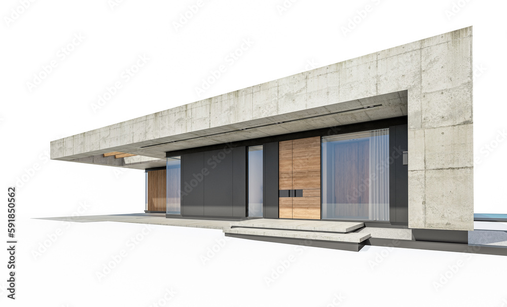 3d rendering of new concrete house in modern style with pool and parking for sale or rent only one floor in evening. Isolated on white