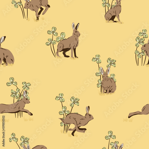 Powtarzalny leśny wzór. Zające i koniczyna. Dzikie króliki na żółtym tle. Ilustracja wektorowa.