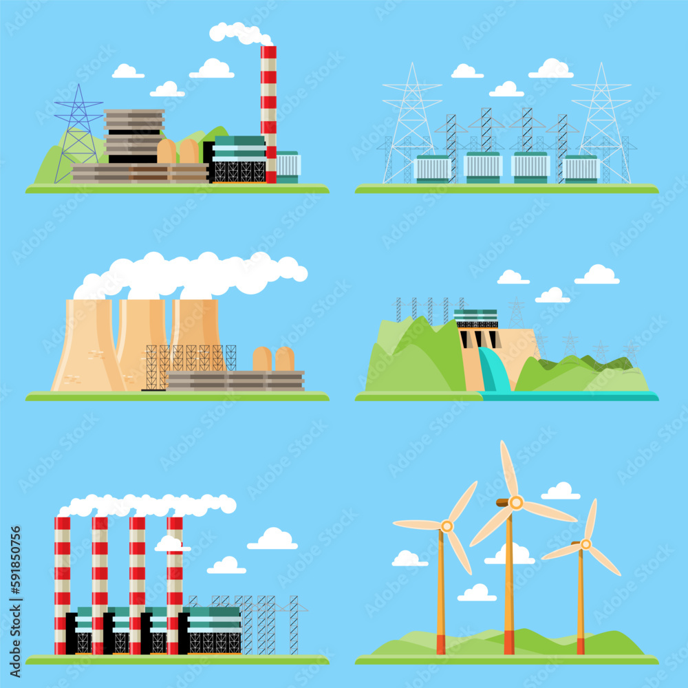 Vector illustration showing clean and polluting electricity generation production. Factory power generation, Coal Plants, Nuclear Plants, Wind Power, Hydro Power