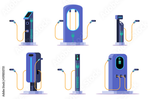 Car charger. Charging station for electric car. Power supply for electric car charging. Electromobility e-motion concept on white background, vector illustration