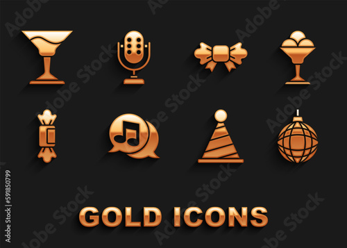 Set Musical note in speech bubble, Ice cream bowl, Disco ball, Party hat, Candy, Bow tie, Cocktail and Microphone icon. Vector