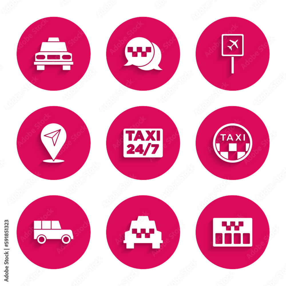 Set Location with taxi, Taxi car, Taximeter, roof, Car, Airport and icon. Vector