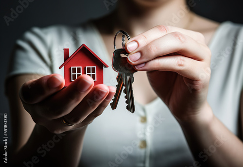 A Woman's Hand Holding a tiny new home and the Key to your dreams house, mortage, loan, banks, real estate,  AI Generative photo