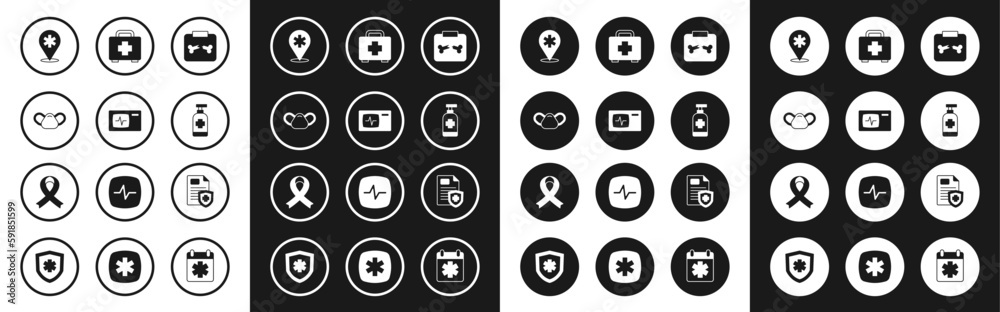 Set X-ray shots with broken bone, Monitor cardiogram, Medical protective mask, Location hospital, Antibacterial soap, First aid kit, Patient record and Awareness ribbon icon. Vector Set X-ray shots with broken bone, Monitor cardiogram, Medical protective mask, Location hospital, Antibacterial soap, First aid kit, Patient record and Awareness ribbon icon. Vector