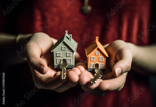 A Woman's Hand Holding a tiny new home and the Key to your dreams house, mortage, loan, banks, real estate, AI Generative