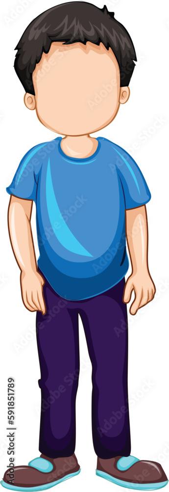 illustration of a child, boy, man, cartoon character design, wearing blue t-shirt, shoes, boots, putting hands, into pocket