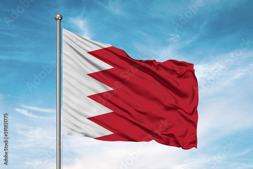 Bahrain national flag cloth fabric waving on beautiful sky Background.
