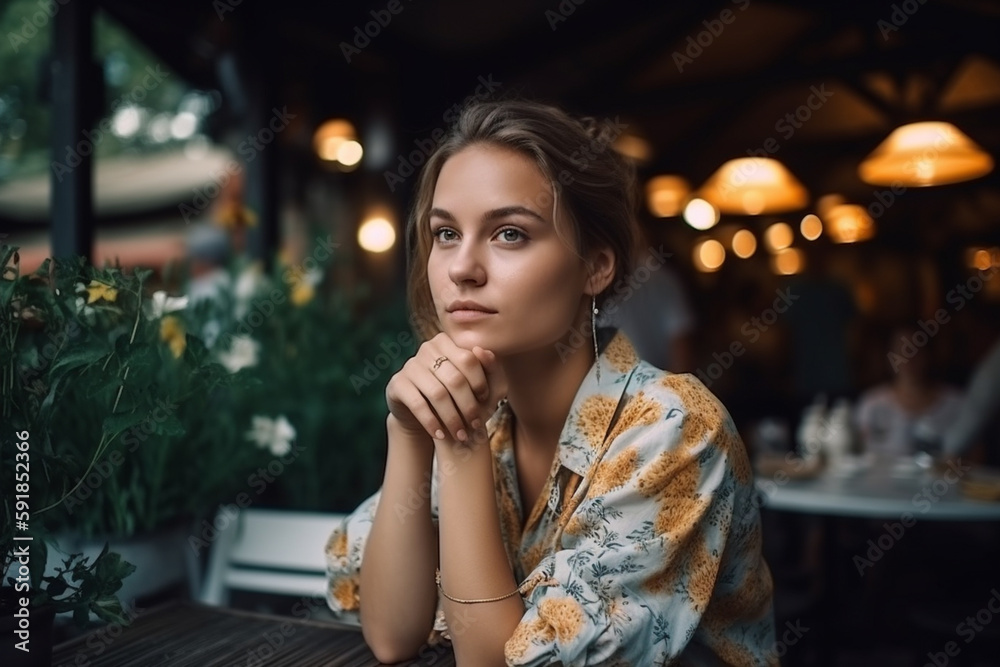 young thoughtful or waiting man, sitting in a garden cafe with a stare. Generative AI young thoughtful or waiting man, sitting in a garden cafe with a stare. Generative AI