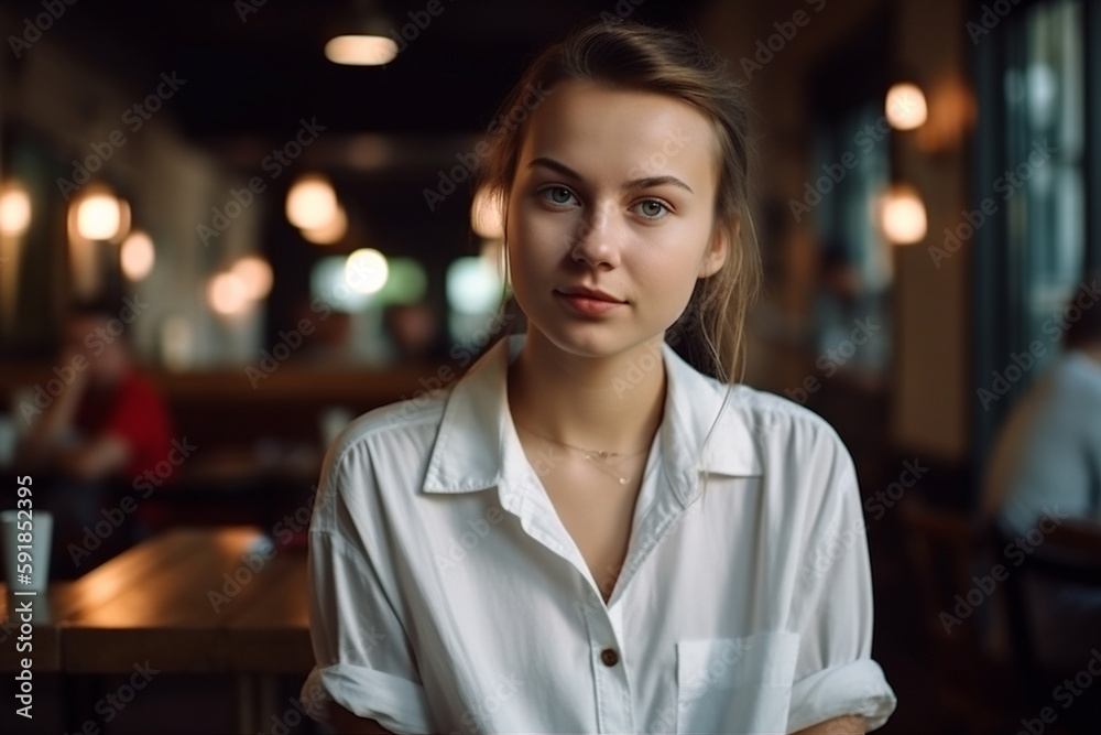 young adult woman in a cafe or bar. Generative AI