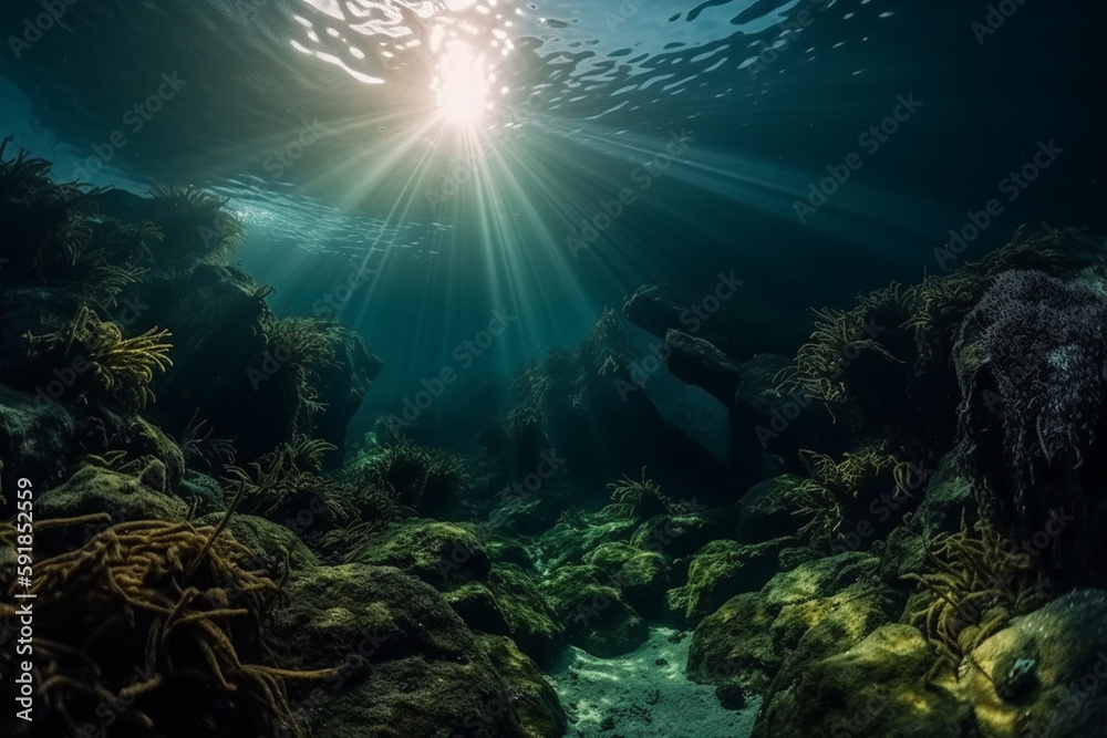Fototapeta premium underwater sea deep water abyss, fictional place. Generative AI