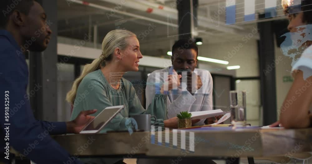 Animation of financial data processing over diverse business people in office Animation of financial data processing over diverse business people in office