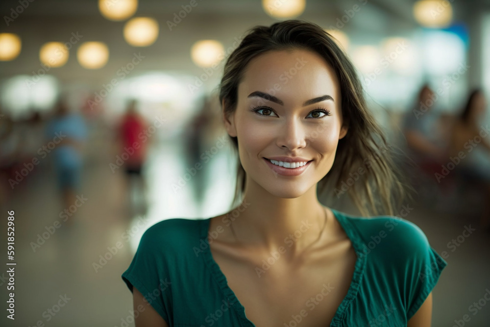 young adult woman multi-ethnic tanned asian looking woman wears a shirt, indoor, with a smile, fictional place. Generative AI