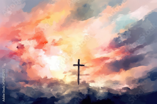 blurry abstract background of Painting in watercolor depicting a conceptual cross or other religious symbol over a sky at sunset with clouds as God, generative AI