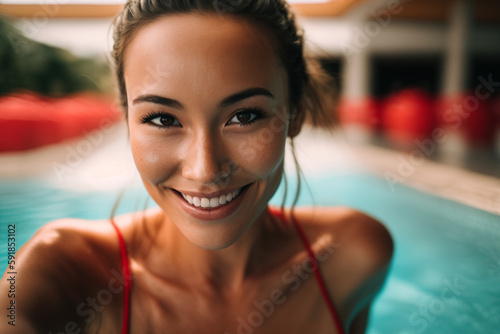 young adult woman multi-ethnic tanned asian looking woman in the swimming pool with a smile. Generative AI
