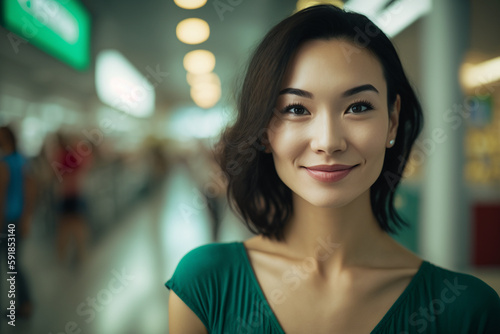 young adult woman multi-ethnic tanned asian looking woman wears a shirt  indoor  with a smile  fictional place. Generative AI