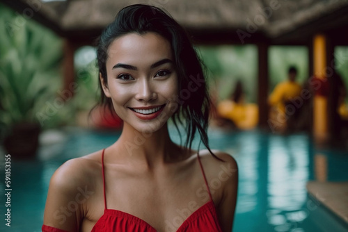 young adult woman multi-ethnic tanned asian looking woman in the swimming pool with a smile. Generative AI