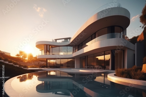 Luxury modern residence building - family villa with a futuristic design, exterior, swimming pool, generative AI