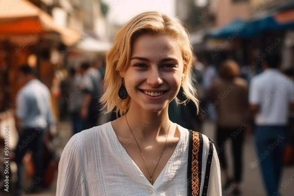 young adult woman with a smile in summery weather in a side street with many other people, vacation or stroll through town, fictitious place. Generative AI young adult woman with a smile in summery weather in a side street with many other people, vacation or stroll through town, fictitious place. Generative AI