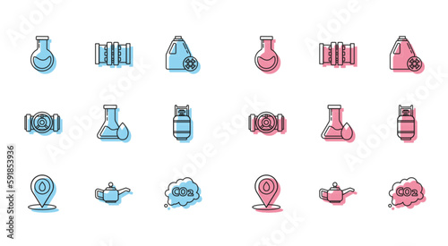 Set line Refill petrol fuel location, Canister for motor machine oil, Test tube and flask, CO2 emissions cloud, Oil test, Propane gas tank, Industry metallic pipes valve and icon. Vector