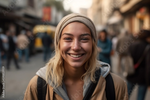 young adult woman with a smile in summery weather in a side street with many other people, vacation or stroll through town, fictitious place. Generative AI © wetzkaz