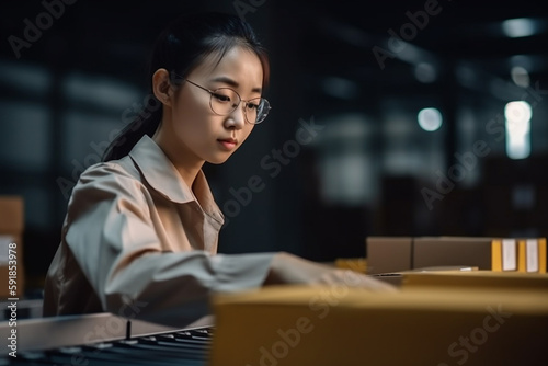young woman or teen working in logistics center. Generative AI
