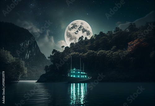 a boat floating on top of a river next to a lush green hillside under a full moon filled sky at night with lights on the buildings.  generative ai © Lea