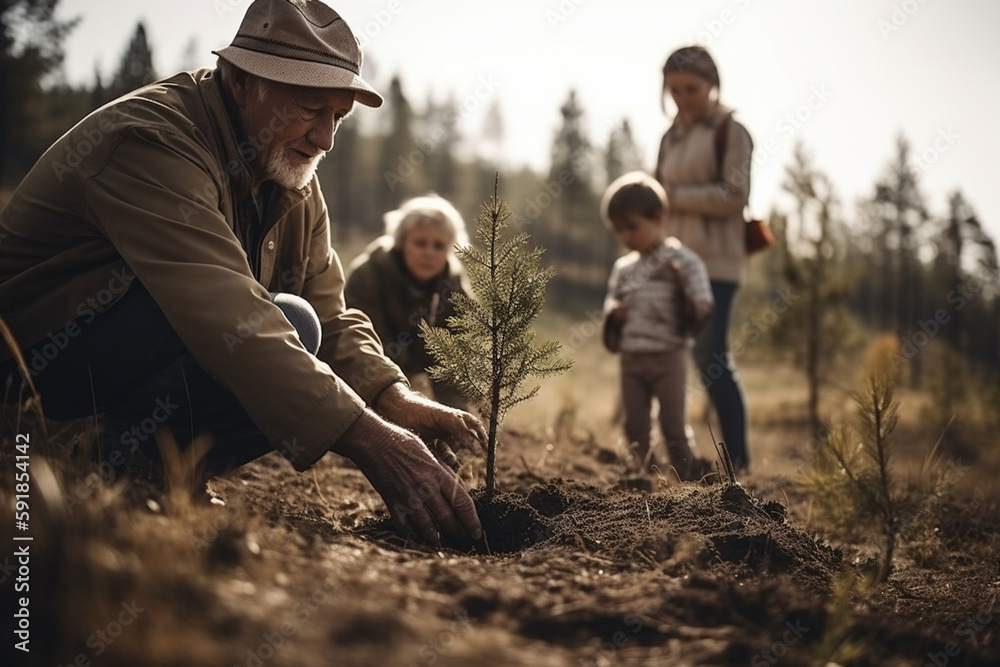 adult man plants a tree in the soil. Generative AI adult man plants a tree in the soil. Generative AI