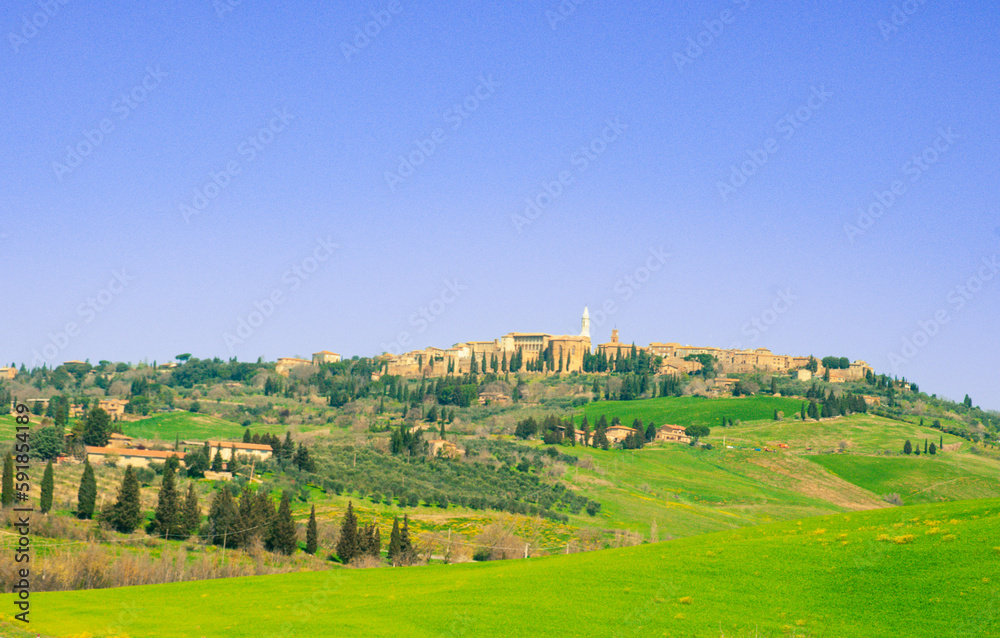 Fototapeta premium Front view, very far distance, of the town of Montalcino, Italy, from three mile distance