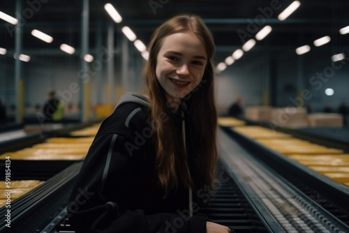 young woman or teen working in logistics center. Generative AI