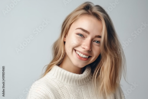 woman in white sweater with a smile. Generative AI © wetzkaz