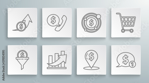Set line Lead management, Telephone handset and speech bubble chat, Financial growth coin, Cash location pin, Speech with dollar, Target symbol, Shopping cart and icon. Vector