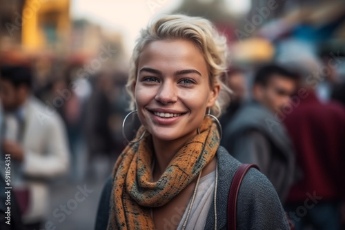 young adult woman with a smile in summery weather in a side street with many other people  vacation or stroll through town  fictitious place. Generative AI