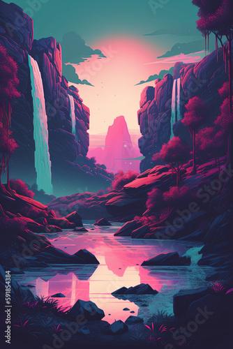 Synthwave Waterfall, AI Generated