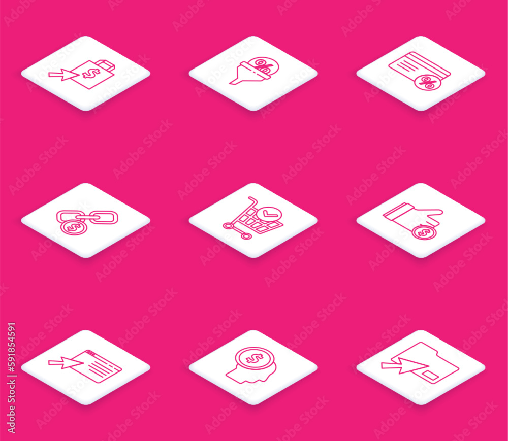 Set line Shoping bag and dollar, Lead management, Discount card with percent, Chain link coin, Shopping cart check mark, Hand holding, Online shopping on screen and Business planning mind icon. Vector Set line Shoping bag and dollar, Lead management, Discount card with percent, Chain link coin, Shopping cart check mark, Hand holding, Online shopping on screen and Business planning mind icon. Vector