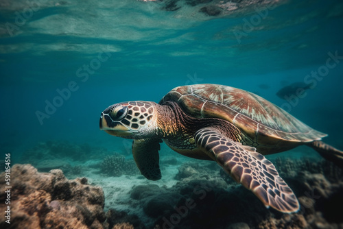 sea turtle swimming underwater in the sea. Generative AI © wetzkaz