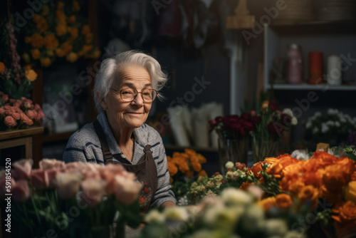 senior florist in flower shop is sitting behind a lot of flowers. Generative AI