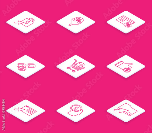 Set line Shoping bag and dollar, Lead management, Discount card with percent, Chain link coin, Shopping cart check mark, Hand holding, Online shopping on screen and Business planning mind icon. Vector