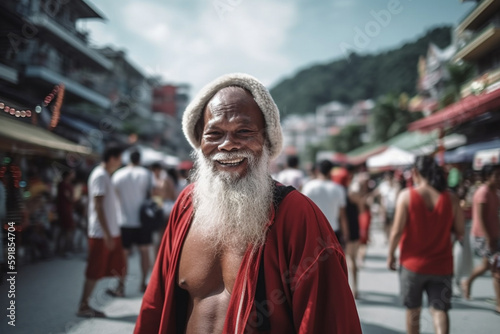 christmas with a santa claus local old man on the beach with many tourists, fictional place. Generative AI