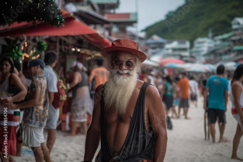 local old man on the beach with many tourists, fictional place. Generative AI