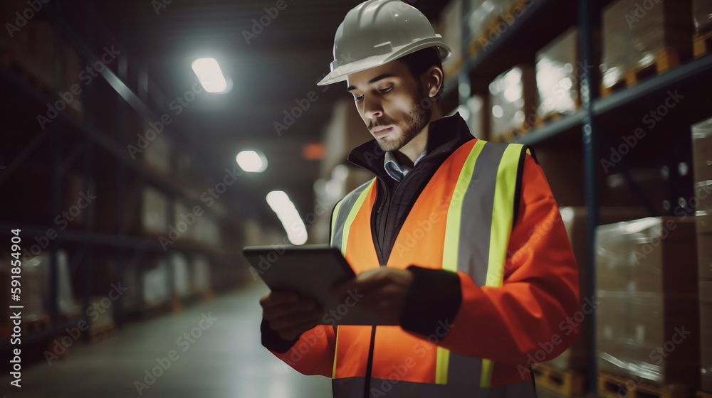 Fototapeta premium Warehouse worker in safety vest and helmet checking stuff in a tablet