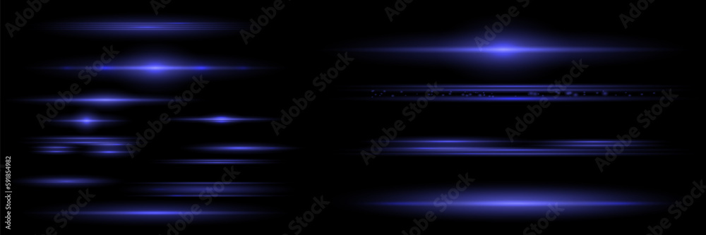 White horizontal lens flares pack. Laser beams, horizontal light rays. Beautiful light flares.