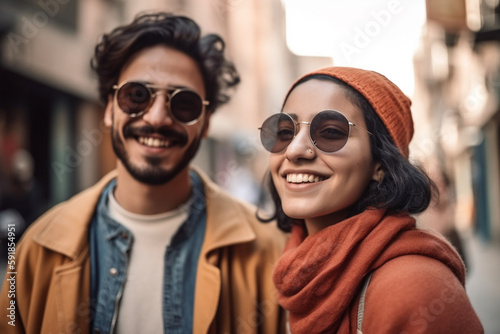 young adult woman and man in autumn clothes walking down a narrow side street in a fictional small town, smiling and having fun and joy. Generative AI