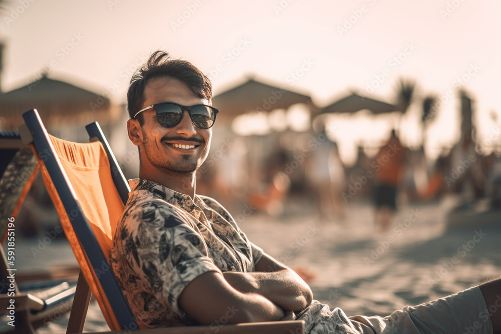 on the beach on a sun lounger, a joyful happy smiling young adult man, vacation and sandy beach. Generative AI on the beach on a sun lounger, a joyful happy smiling young adult man, vacation and sandy beach. Generative AI