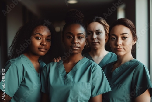 healthcare industry with multiracial female people, women working in a hospital. Generative AI