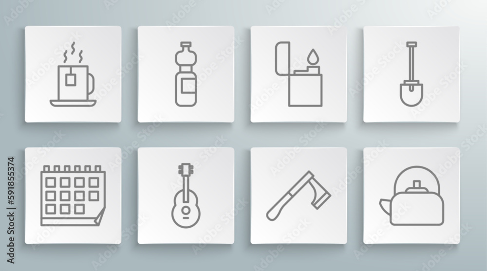 Set line Calendar, Bottle of water, Guitar, Wooden axe, Kettle with handle, Lighter, Shovel and Cup tea tea bag icon. Vector Set line Calendar, Bottle of water, Guitar, Wooden axe, Kettle with handle, Lighter, Shovel and Cup tea tea bag icon. Vector