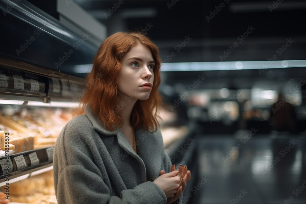 sad or almost crying young woman or teenager in a dark supermarket at a ...