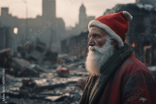 Santa Claus without strength and in bad mood, in a ruined and abandoned city, fictional event. Generative AI