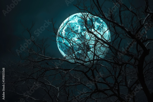 Silhouette of a Tree Against the Big Moon during Night. AI generative