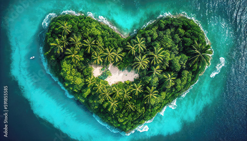Tropical Green Island in the Shape of Heart. AI generative