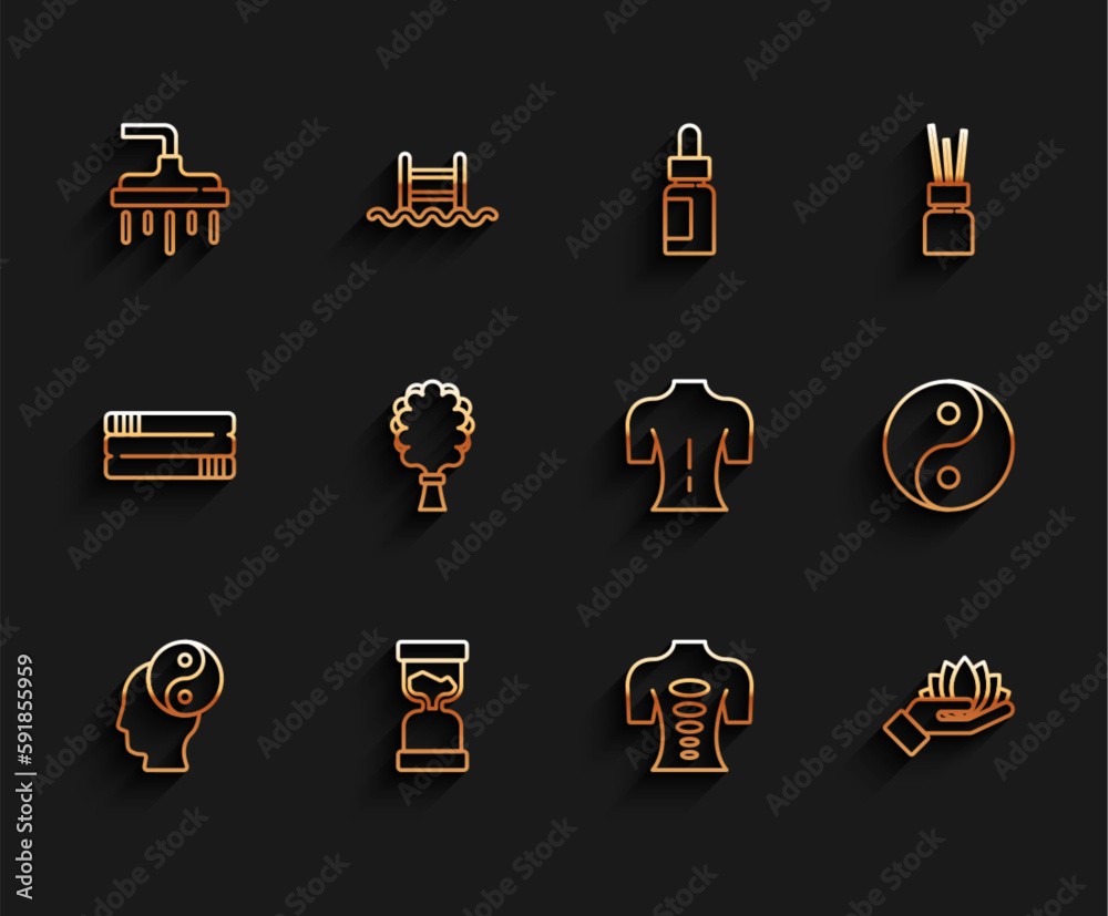 Set line Yin Yang, Old hourglass, Shower head, Massage stone therapy, Lotus flower, Sauna broom, and icon. Vector Set line Yin Yang, Old hourglass, Shower head, Massage stone therapy, Lotus flower, Sauna broom, and icon. Vector